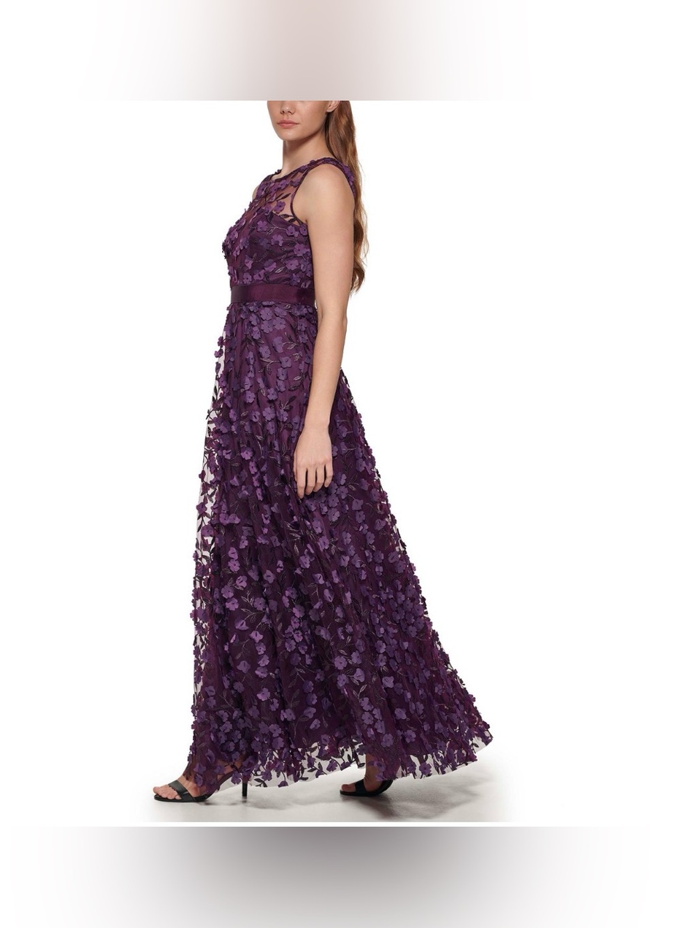 NEW Eliza J Women's 3D Floral Sleeveless Tiered A-Line Gown Plum Purple. Sz 6. - Picture 3 of 9
